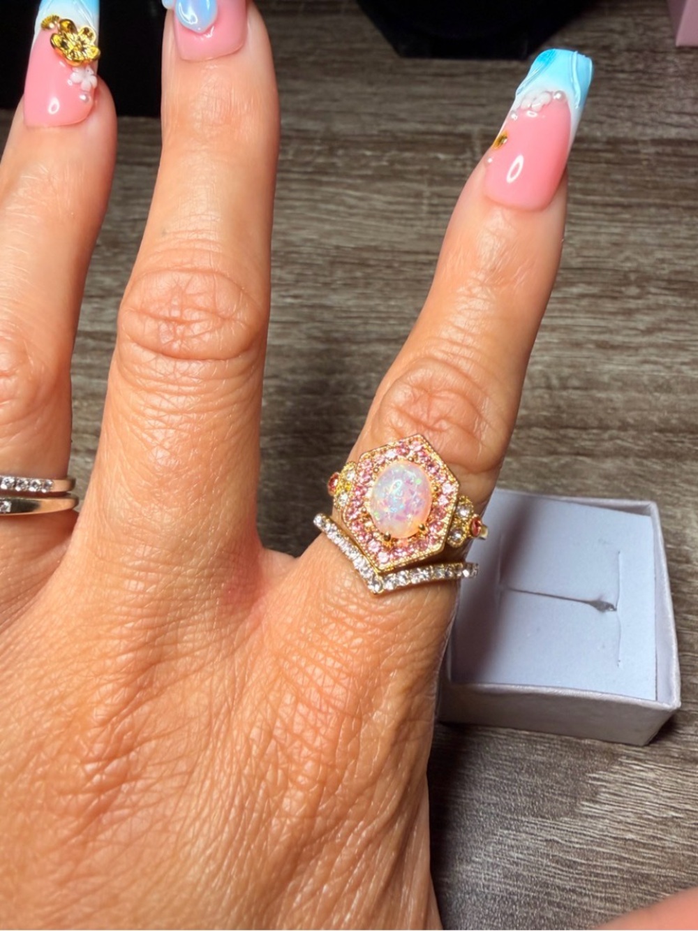 Opal and Pink Crystal Gold-Tone Halo Ring - Women Jewelry
